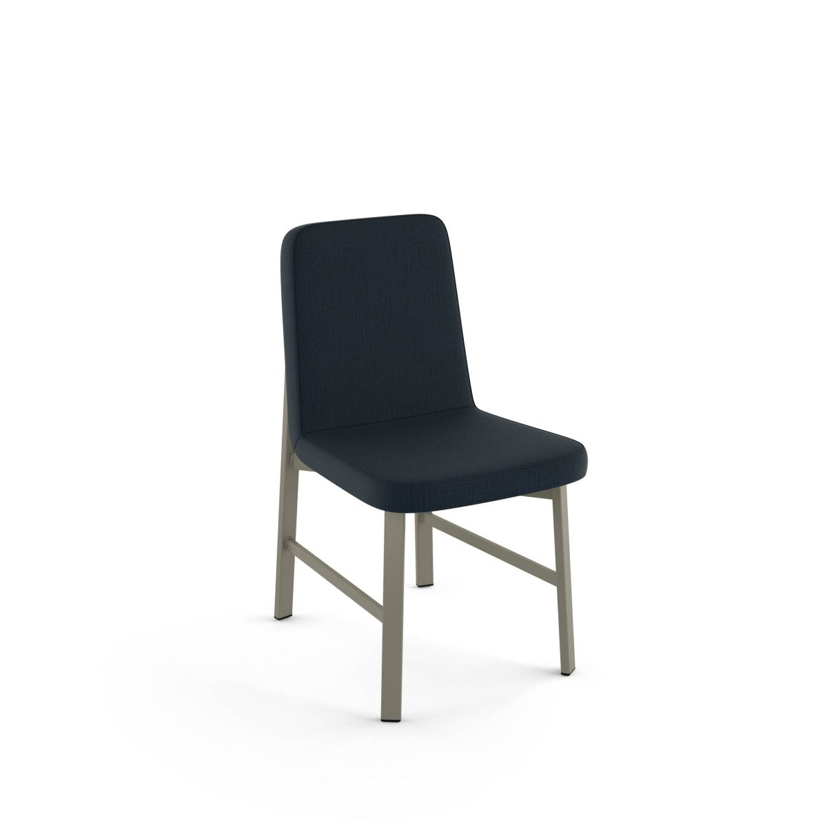 The Waverly Chair features a dark blue upholstered seat and backrest with light gray, angled wooden legs and frame—perfect for commercial spaces and showcased on a plain white background.