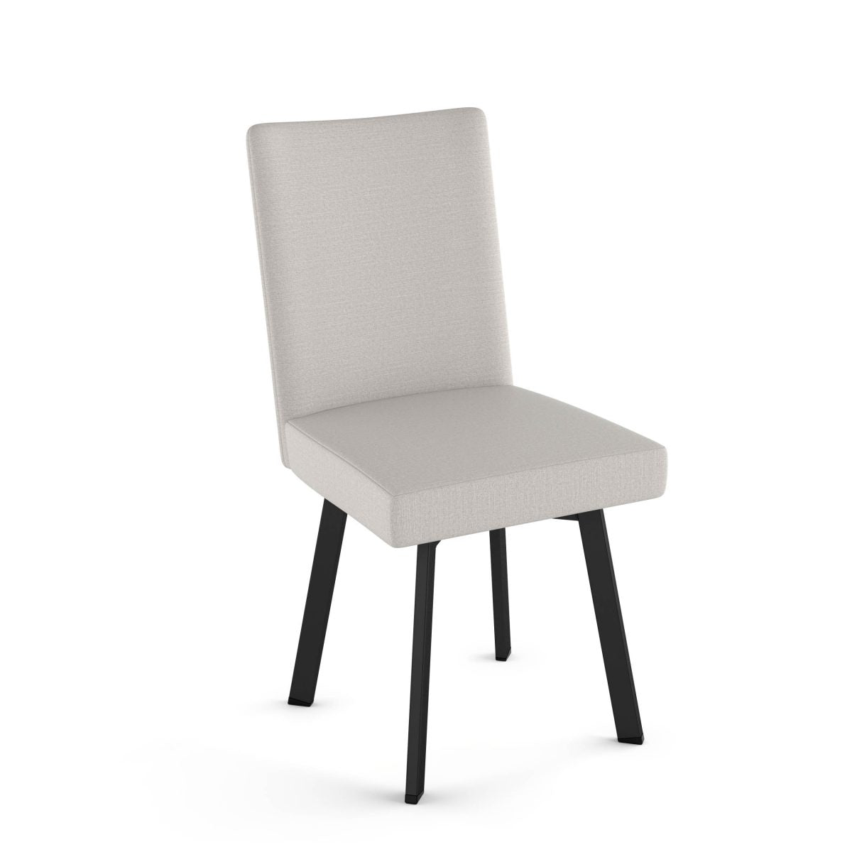The Elmira Chair features a light gray upholstered seat and backrest with four angled black wooden legs, crafted for commercial use in Canada.
