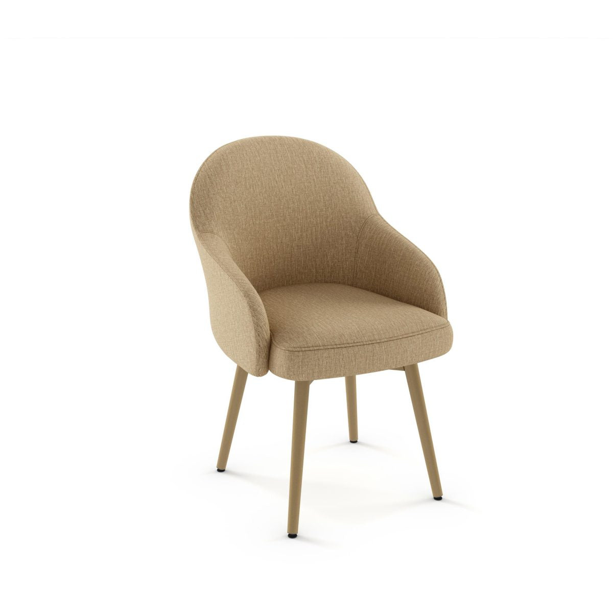 The Weston Swivel Chair Pivotante features a beige upholstered seat and curved backrest on four slender light brown metal legs, exemplifying Canadian craftsmanship—ideal for commercial spaces and displayed against a plain white background.