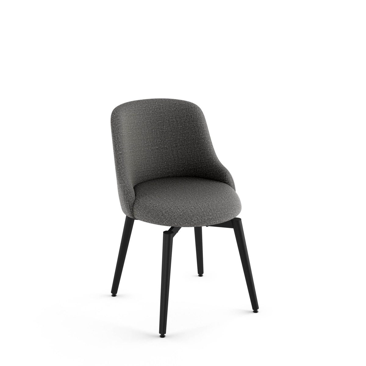 The Giulia Swivel Chair features a modern gray upholstered seat and back, a curved backrest, and four black angled legs, shown against a plain white background. Ideal for commercial use.