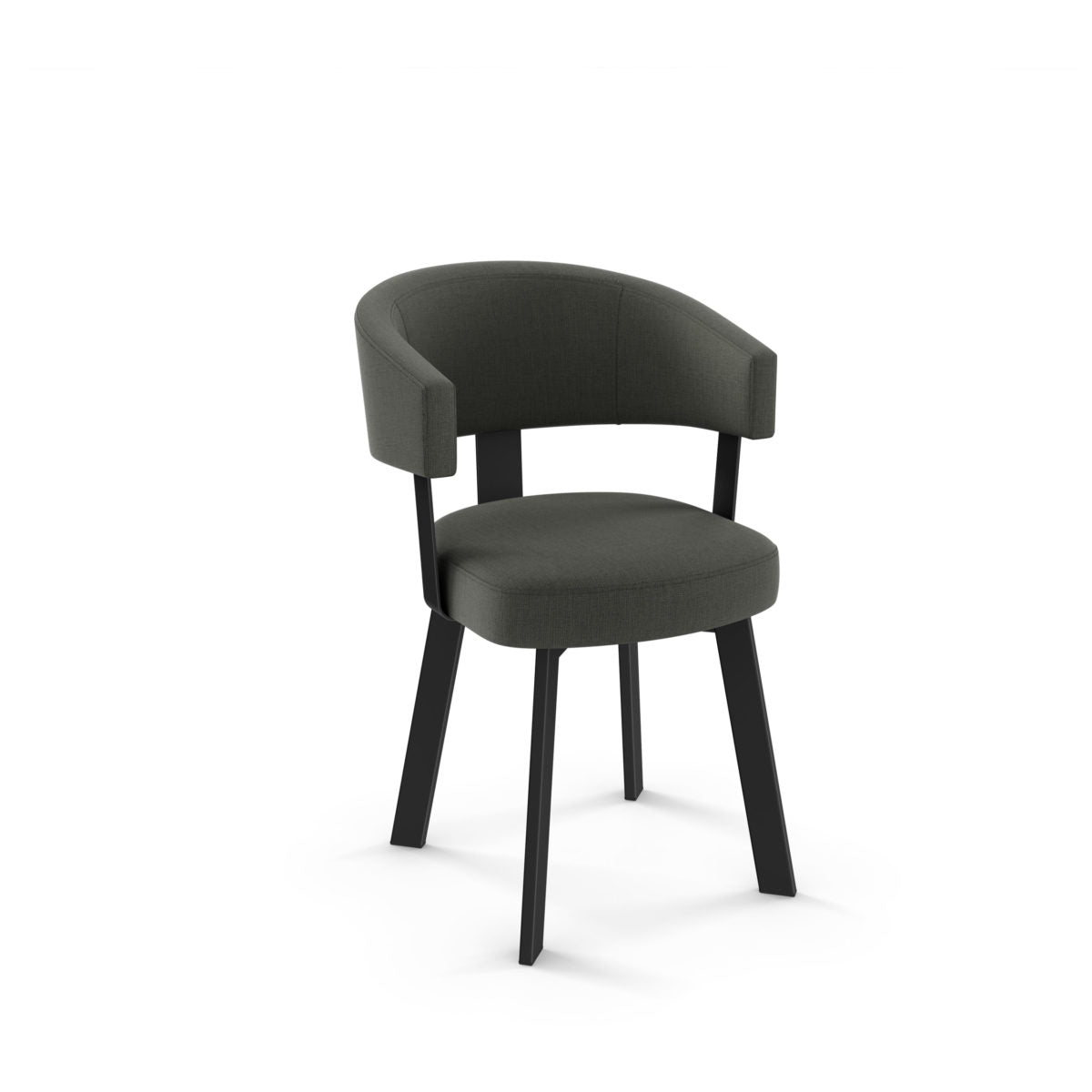 The Grissom Chair features a modern Canadian design with a dark gray upholstered seat and back, curved backrest and armrests, and four angled black wooden legs. Ideal for commercial use with a 10-year warranty. Shown on a white background.