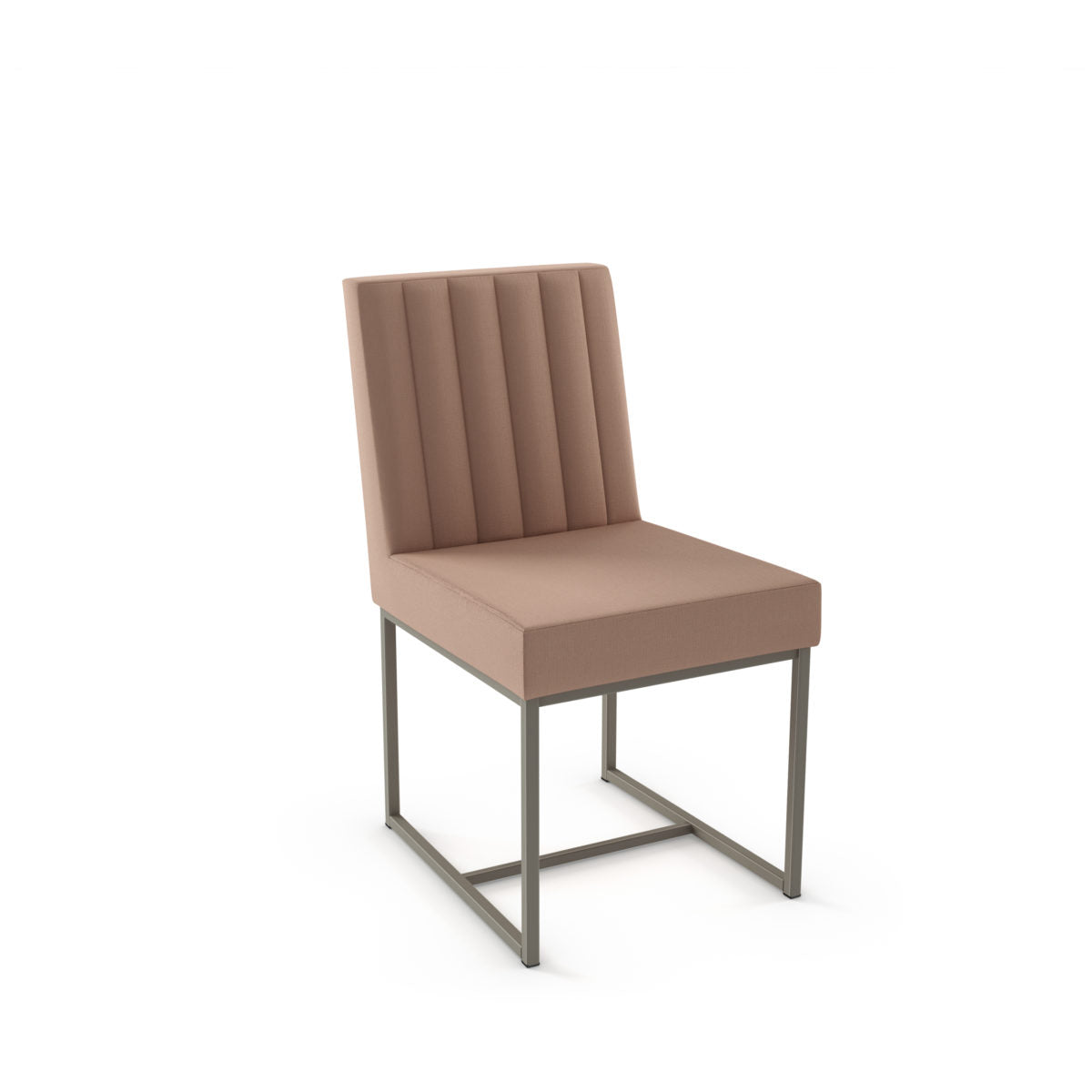 The Darcy Chair features a Canadian-made design with a light pink upholstered seat and back, vertical stitching, and a sleek metal frame with a rectangular base. Shown against a white background, its ideal for commercial use.