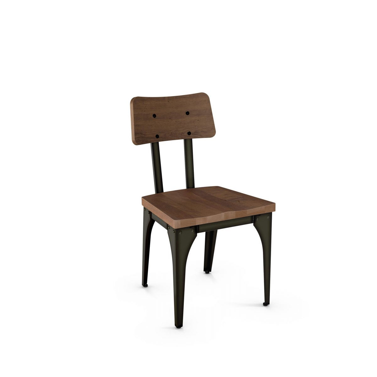 The Symmetry Chair features a wood seat and back, four dark Canadian steel legs, and two metal bars for support, designed for modern commercial spaces and shown against a plain white background.