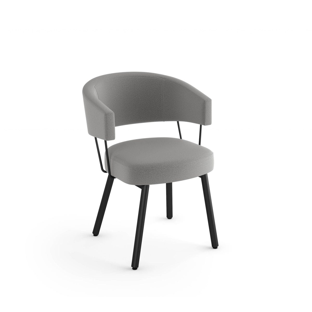 The Corey Chair (Upholstered Seat and Back) is a modern Canadian design with a curved backrest, light gray upholstery, black metal legs, and open sides. This stylish commercial chair is shown against a plain white background.