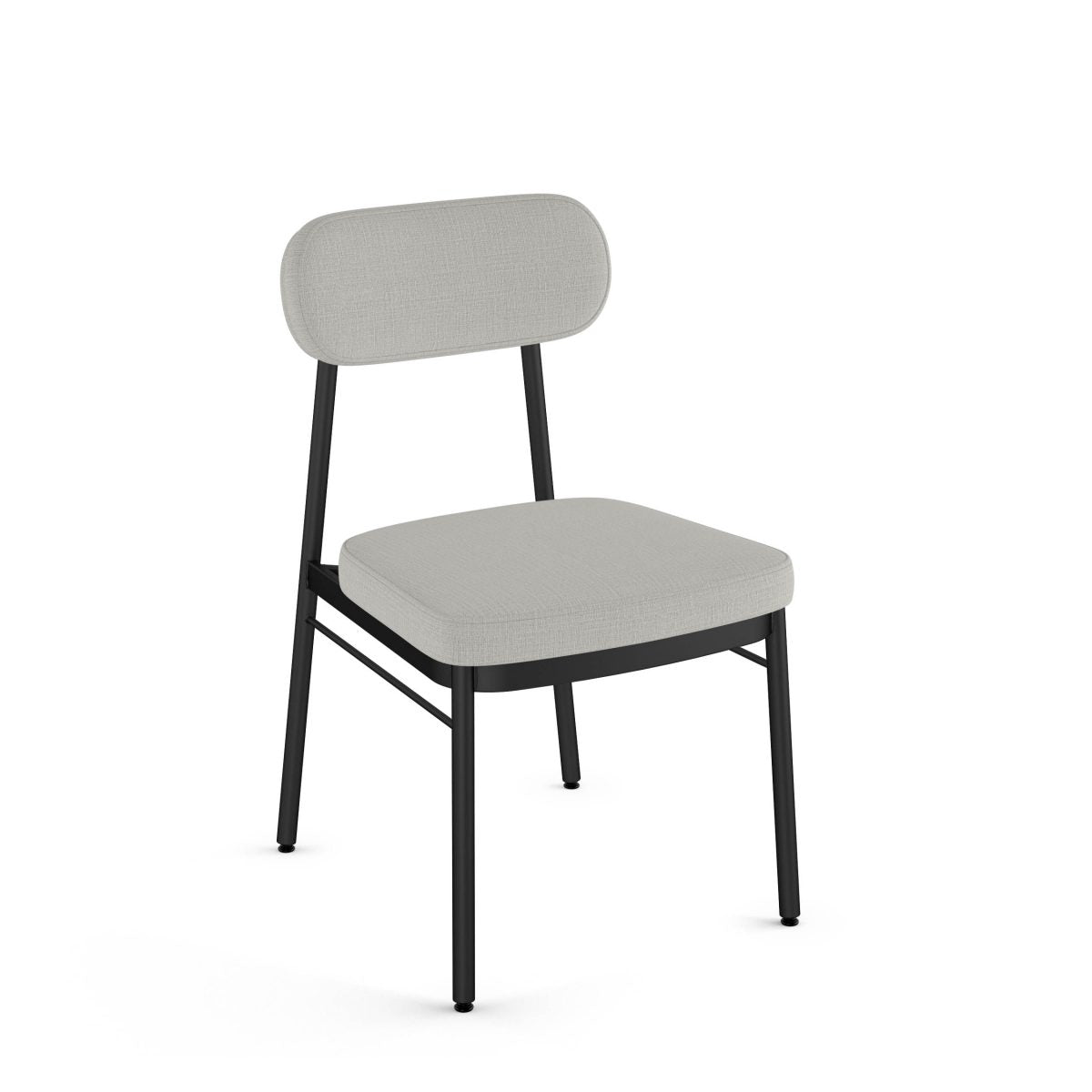 The Orly Chair features a black Canadian steel frame, light grey upholstered seat and rectangular backrest. Ideal for commercial use, it comes with a 10-year structural warranty and is pictured on a plain white background.