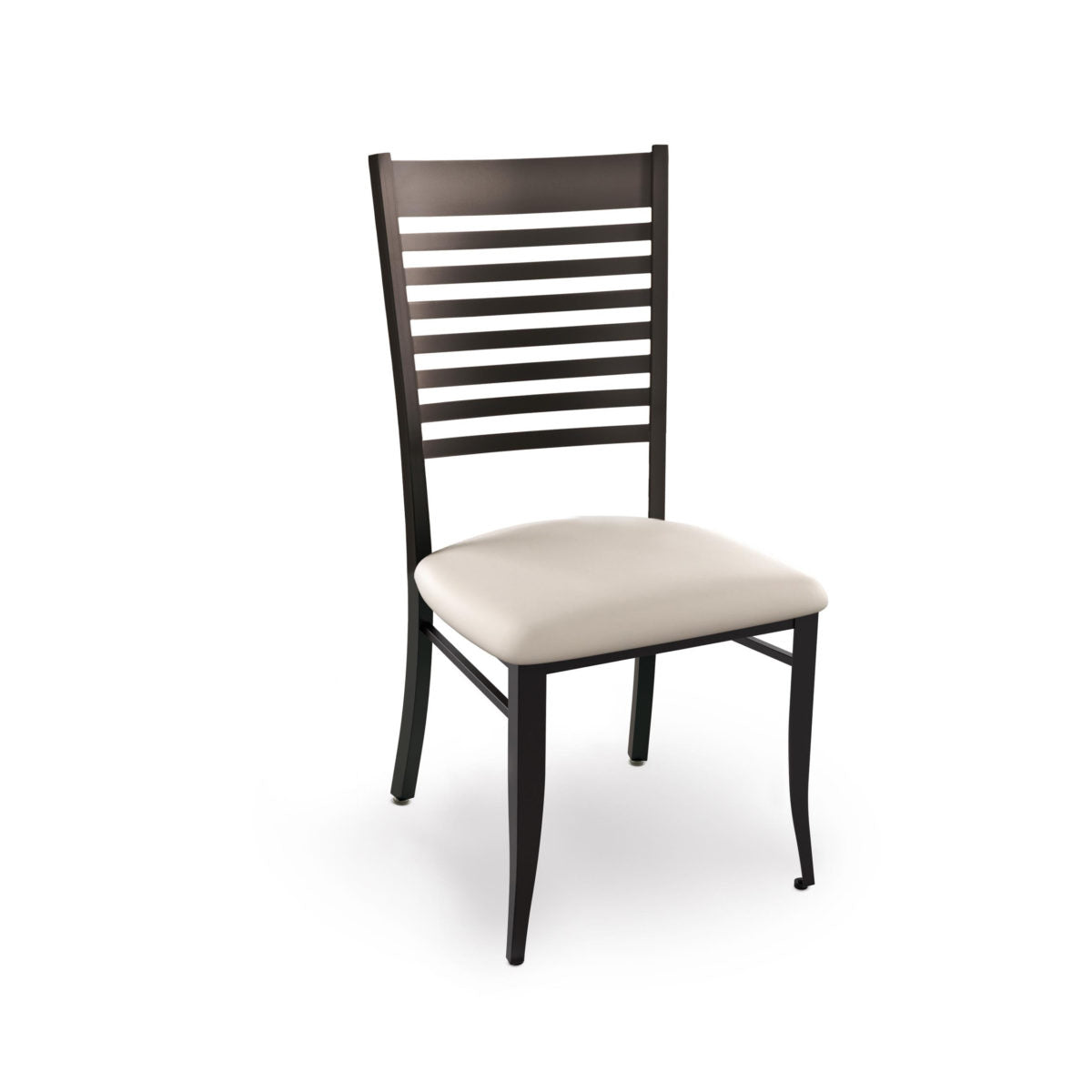 The Edwin Chair features a cream upholstered seat and black metal ladder-back, crafted from durable Canadian steel, shown against a plain white background.