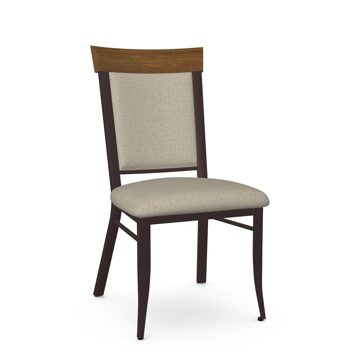 The Eleanor Chair features a modern Canadian design with a dark metal frame, light beige upholstered seat, wood accent backrest, and four straight legs. Built for commercial durability, it blends style and strength effortlessly.