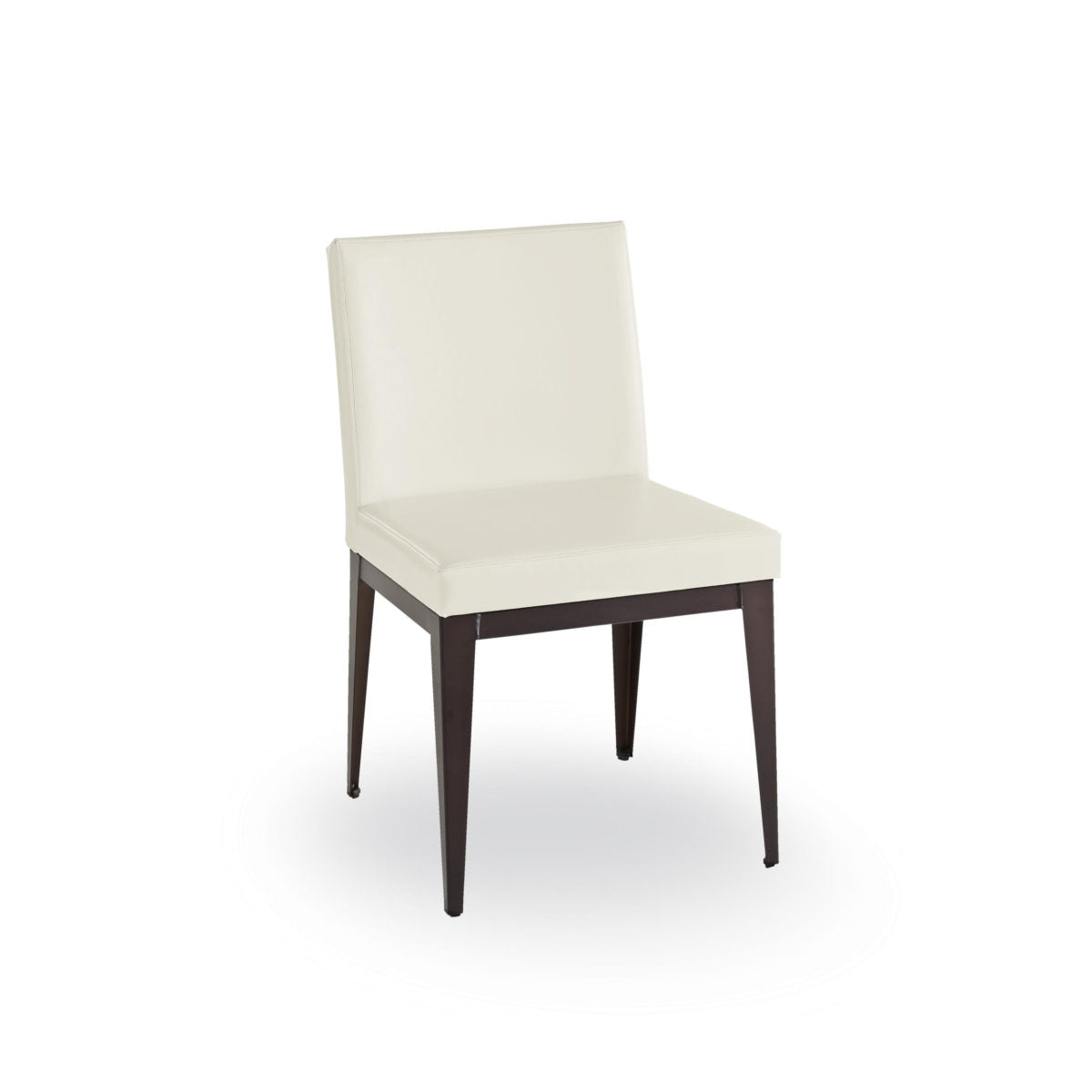 The Pablo Chair features a white upholstered seat and backrest, four dark wooden legs, and modern design built for durability. It includes a 10-year warranty and is shown against a plain white background.