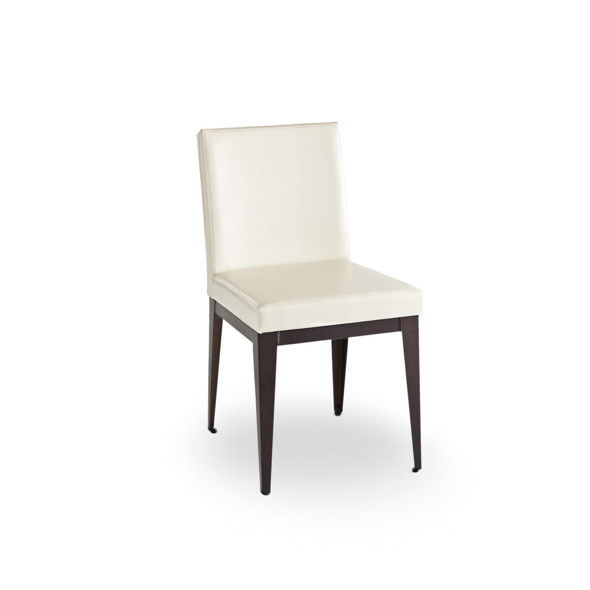 The Pedro Chair features a cream upholstered seat and back, straight dark wooden legs, durable Canadian steel construction, and is set against a plain white background. Includes a 10-year warranty.