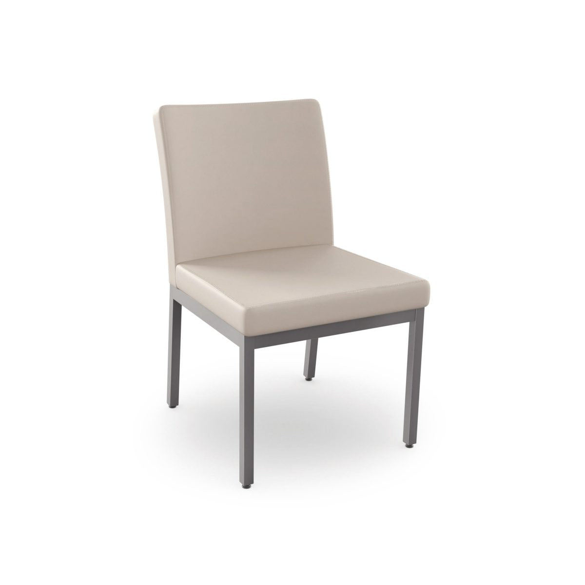 The Perry Chair features an upholstered light beige seat and back, armless design, and four straight dark gray metal legs. Canadian made and ideal for commercial use, it’s shown here against a white background.