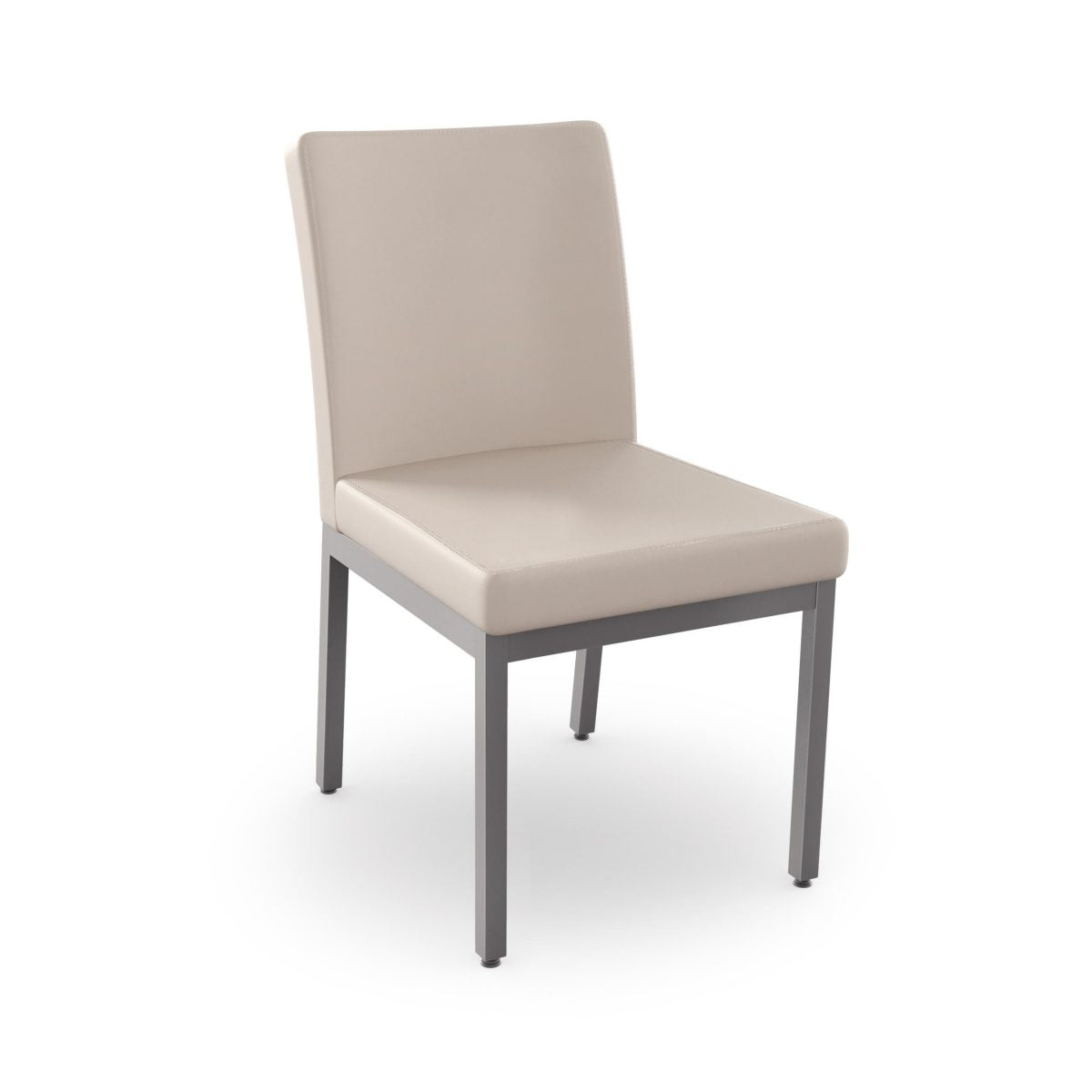 The Penny Chair features a modern Canadian design with an upholstered beige seat and back, plus four straight gray steel legs, shown against a plain white background.