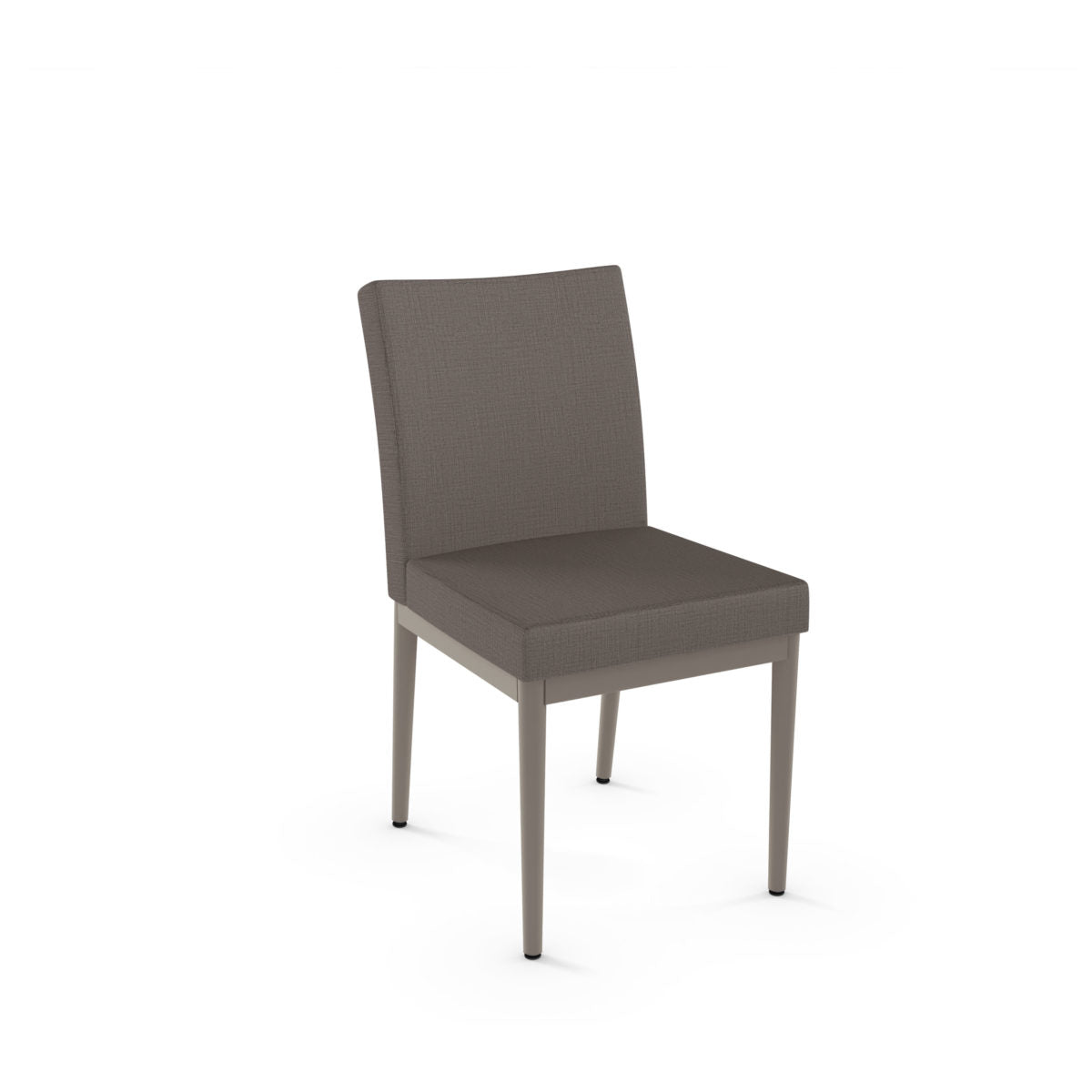The Melrose Chair features a brown upholstered seat and backrest with four straight, light gray Canadian steel legs, shown against a plain white background.