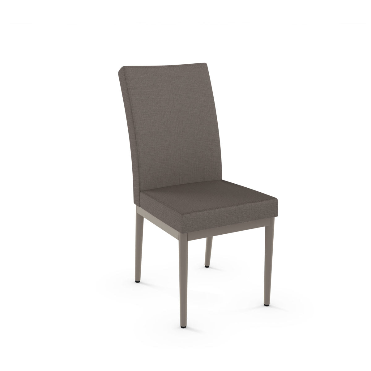 The Marlon Chair features a cushioned seat and back upholstered in brown fabric, with four slender, light-toned wooden legs. Expertly crafted in Canada, it’s showcased against a white background.
