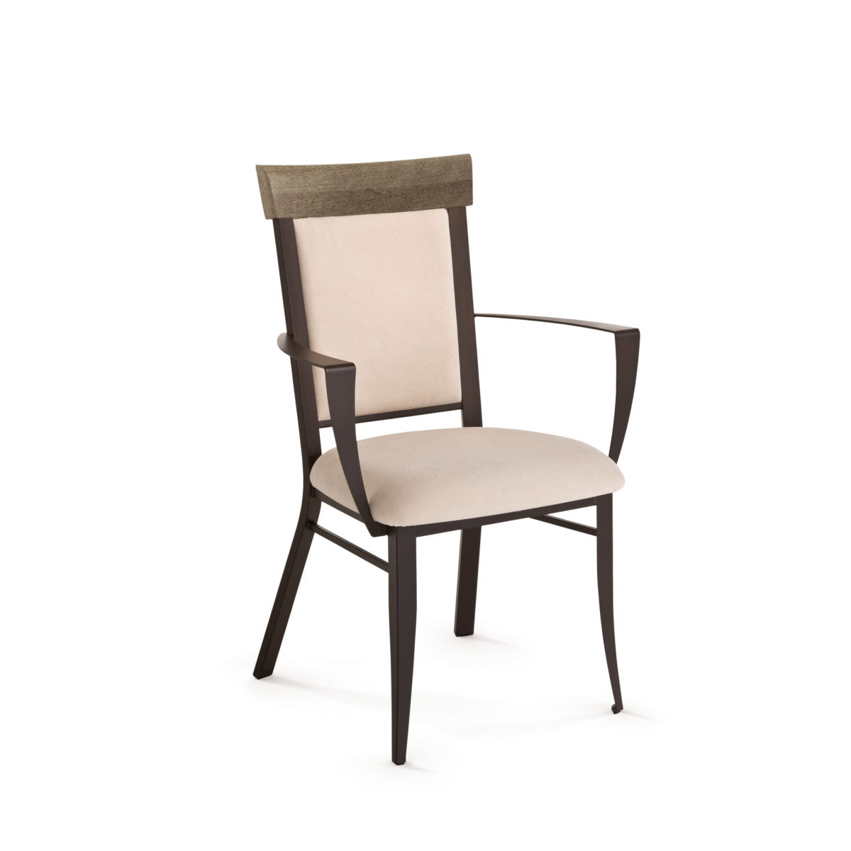The Eleanor Armchair features a beige upholstered seat, wood rectangular backrest panel, dark brown metal frame, and gently curved armrests. Modern Canadian design for commercial use with a 10-year warranty.