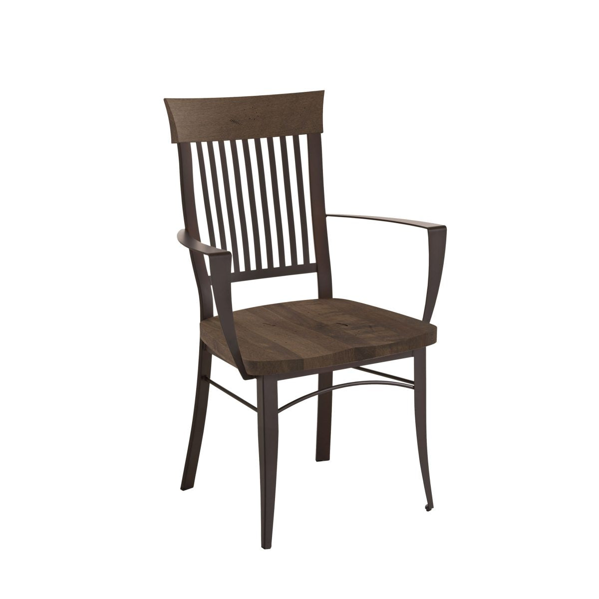 The Annabelle Armchair features a wood seat and back, slatted backrest, curved armrests, and a dark brown finish in a sturdy, classic design. Made in Canada.