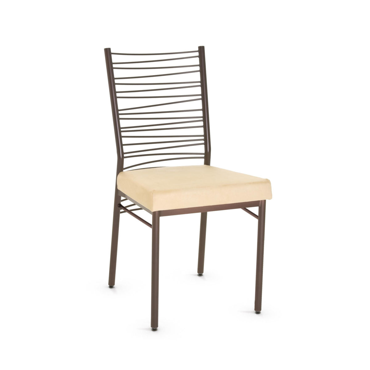 The Crescent Chair features a brown Canadian steel frame, metal horizontal slat backrest, and a light beige upholstered seat, displayed against a plain white background.