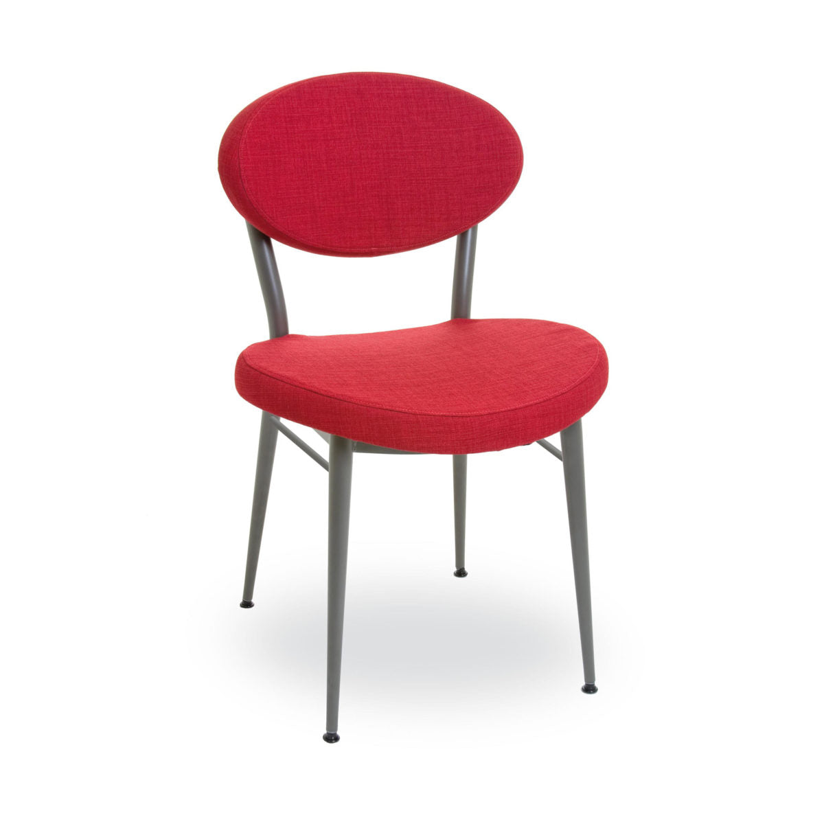 The Opus Chair features a round, red upholstered seat and backrest with four slender black Canadian steel legs. Set against a white background, it’s ideal for commercial use.