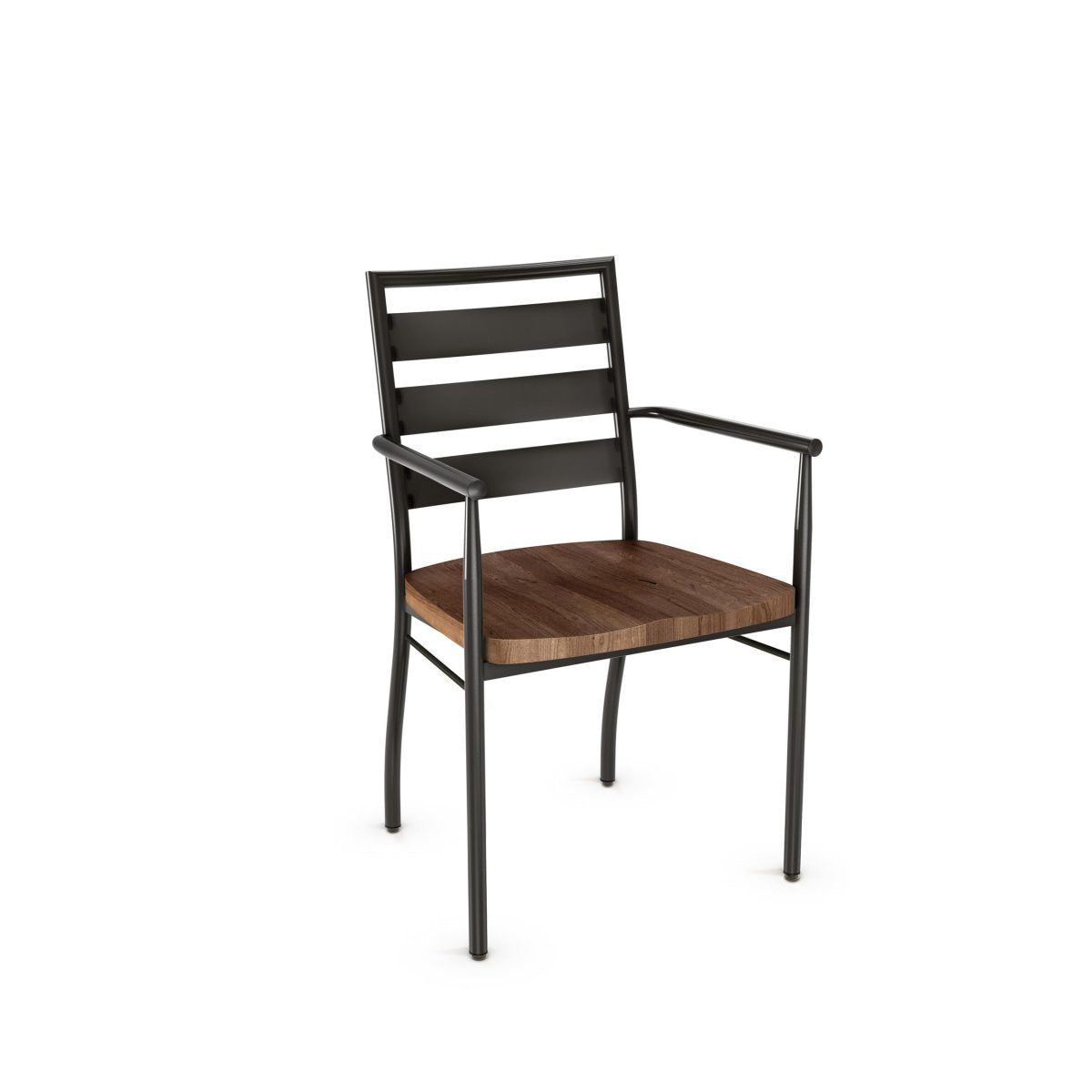 The Tori Armchair features a wooden seat, black metal frame, armrests, and a horizontal slatted metal backrest—all reflecting fine Canadian craftsmanship against a white background.