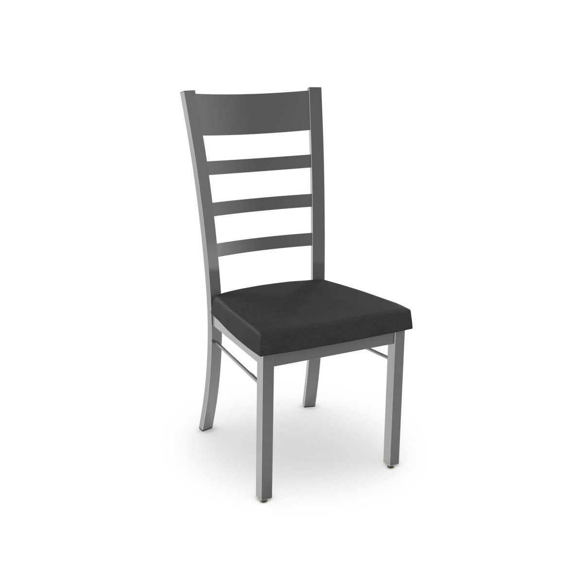The Owen Chair features a metallic gray ladder-back frame with a black upholstered seat, designed for commercial use, showcased against a plain white background.