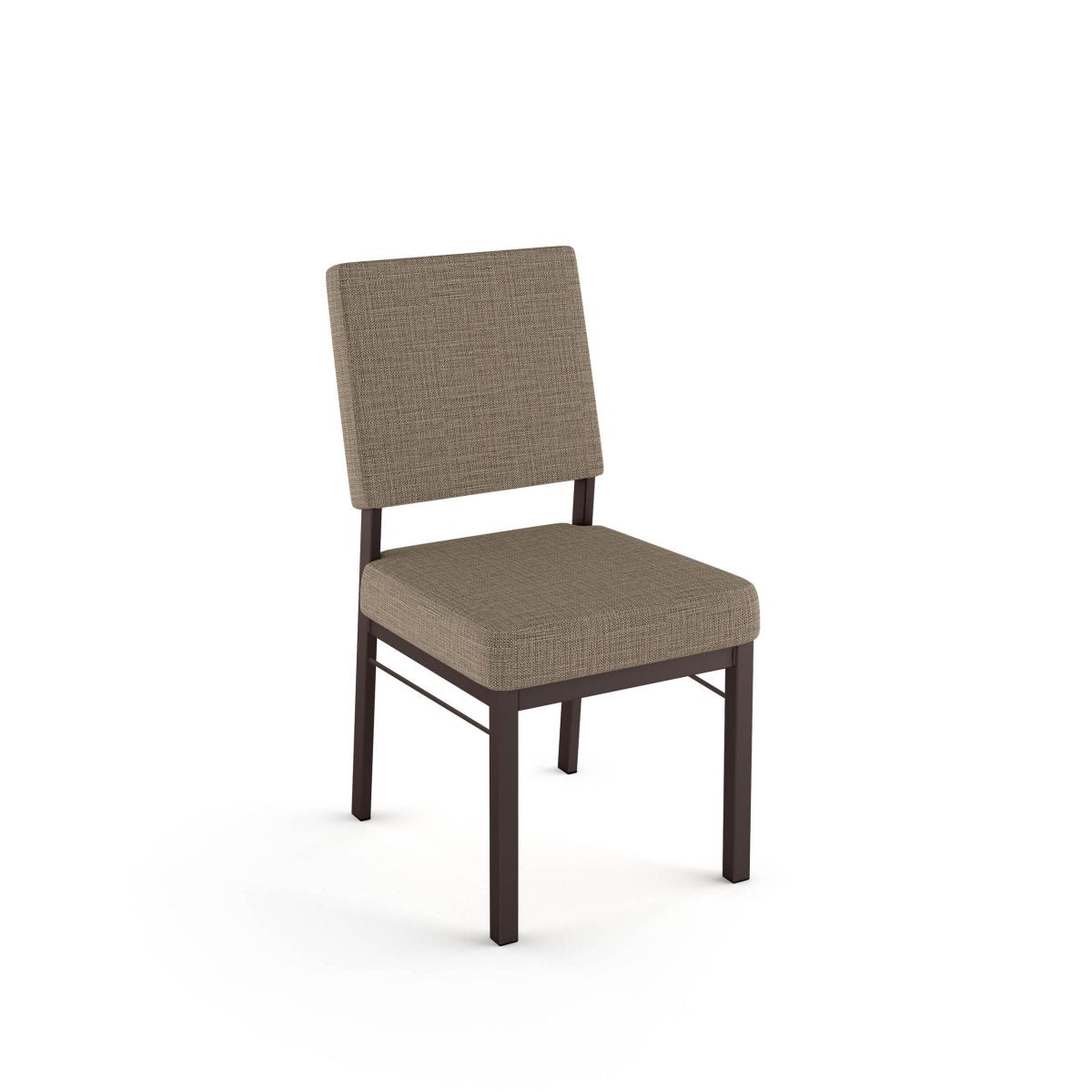 The Mathilde Chair features a rectangular brown upholstered seat and back, set on a dark metal frame with four straight legs. Made in Canada, it’s ideal for commercial spaces and is shown here against a white background.