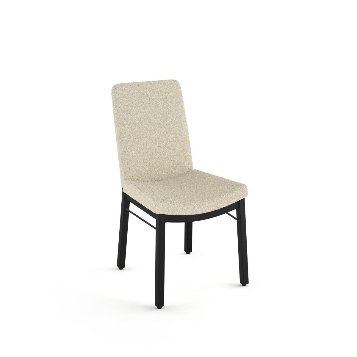 The Maddie Chair features a modern Canadian design with a beige upholstered seat and backrest, four black metal legs, and a simple profile ideal for commercial use. Displayed against a plain white background.