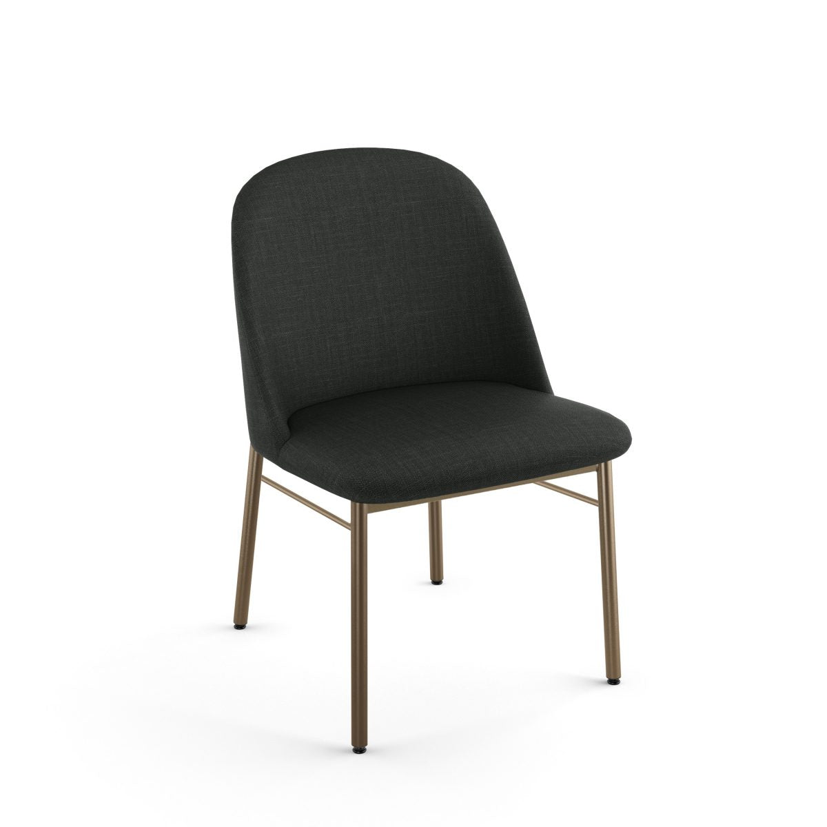 The Luongo Chair features a curved black upholstered seat and back, slender gold Canadian steel legs, and is shown on a plain white background. Ideal for commercial use, it includes a 10-year warranty.