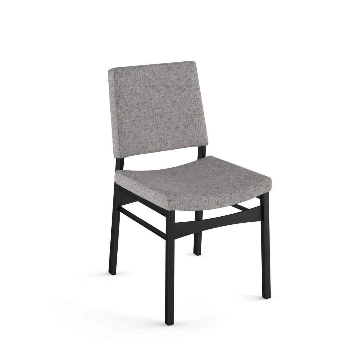 The Kendra Chair features a black Canadian steel frame with light gray upholstered seat and backrest, shown slightly angled left on a white background—perfect for commercial settings.