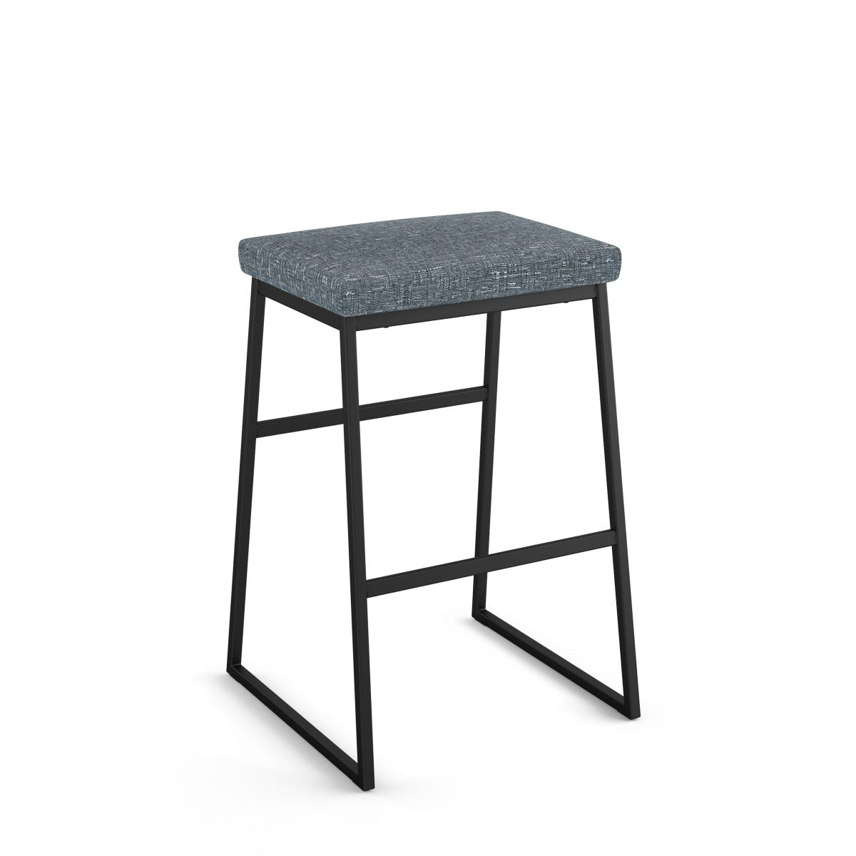 The Zach Bar Height Stool features a rectangular, textured gray upholstered seat and black metal frame with clean lines and dual footrests—backless design ideal for commercial settings.