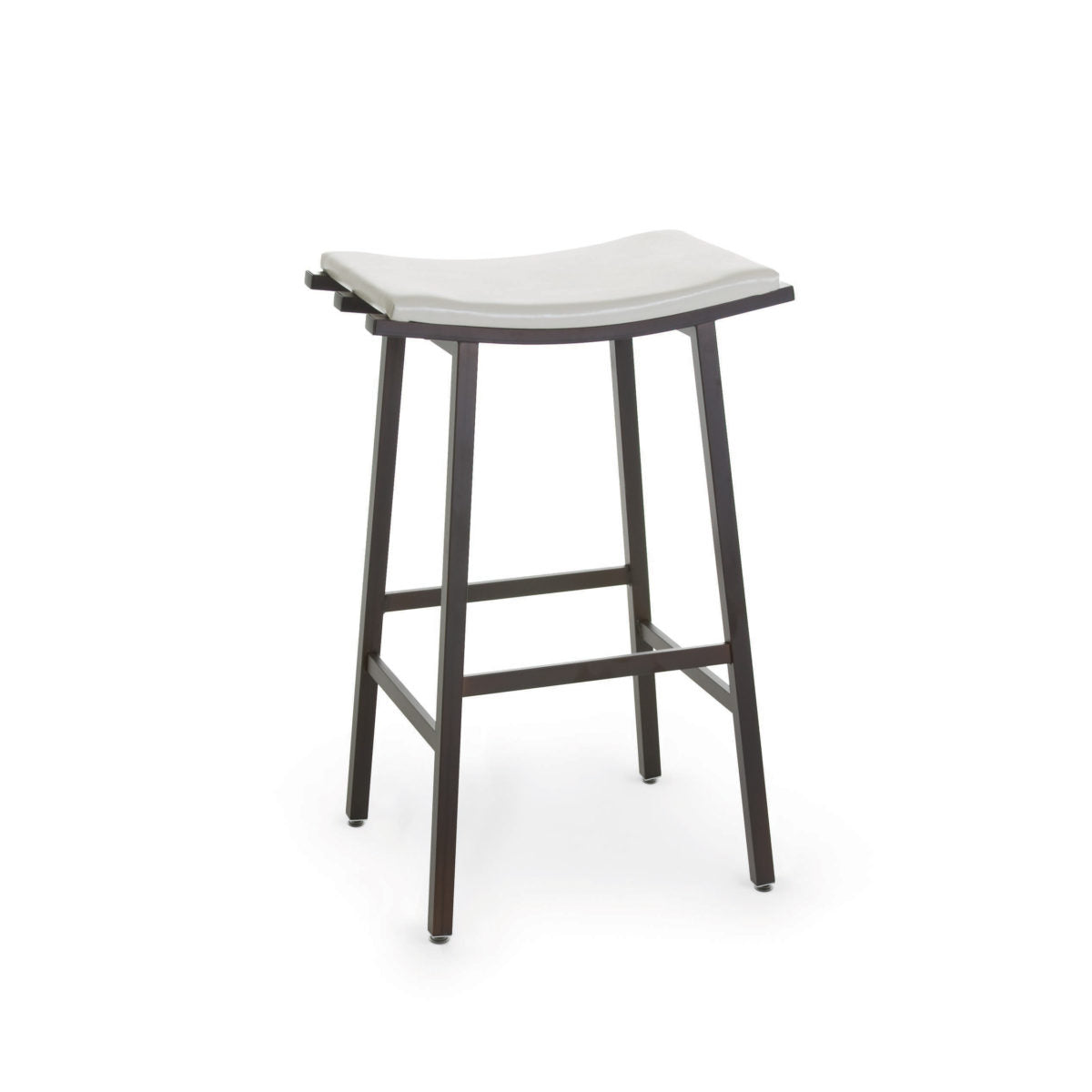 The Nathan Bar Height Stool features a backless, light gray upholstered seat, black metal legs with footrest, and a minimalist design. Photographed on white. Made in Canada and ideal for commercial settings.