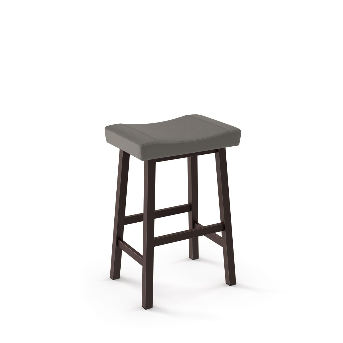 The Miller Bar Height Stool is a Canadian-made, backless wooden stool with a dark brown four-leg base, horizontal supports, and a gently curved gray upholstered seat for comfort and style.