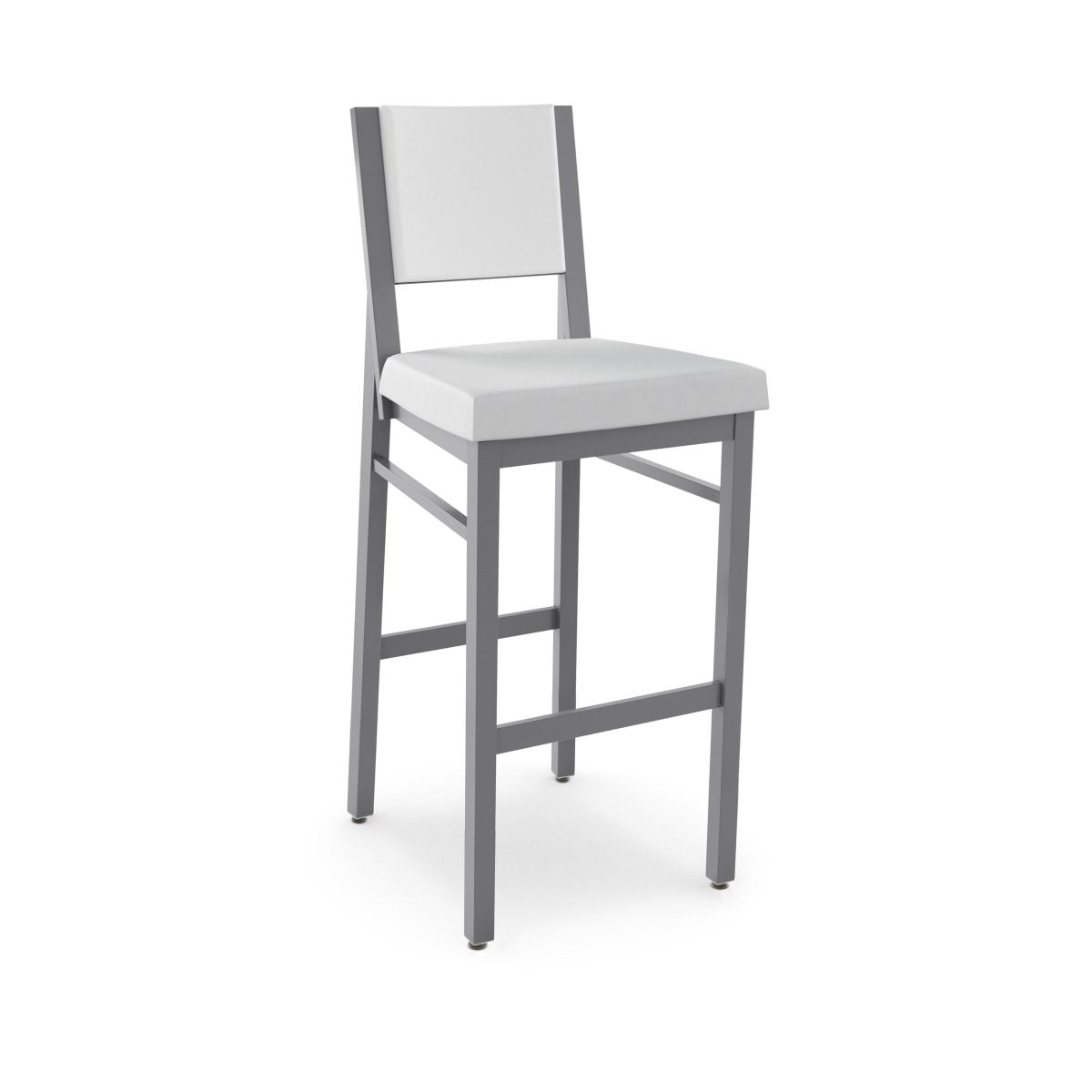 The Payton Counter Height Stool features a white upholstered seat and backrest with a sleek gray metal frame, perfect for commercial spaces. Shown on a white background.