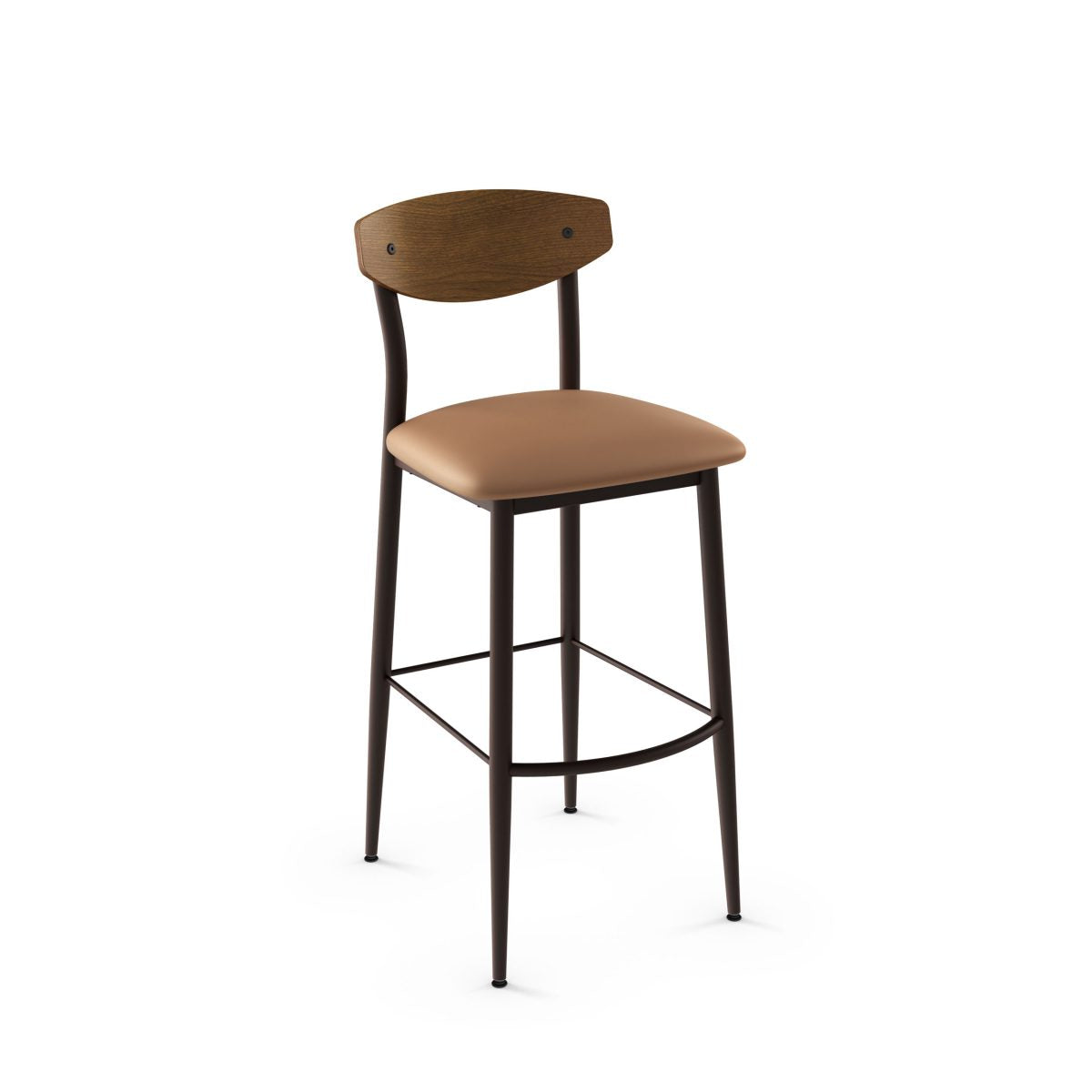 The Hint Bar Height Stool features a brown upholstered seat, wood back, slender dark Canadian steel legs, and a footrest—ideal for commercial settings and shown against a plain white background.