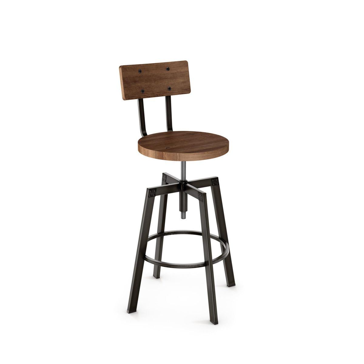 The Architect Screw Stool features a round dark wood seat and backrest, sturdy black metal frame with four legs, and circular footrest—designed for durability in commercial settings.