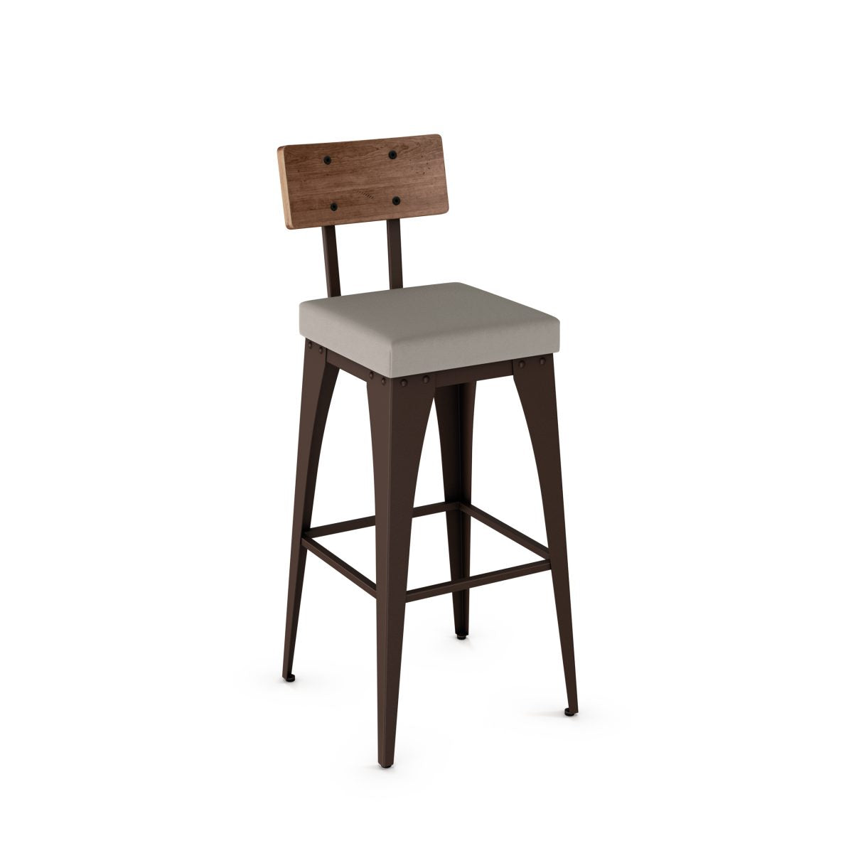 The Upright Bar Height Stool features a square gray upholstered seat, angled dark metal legs with footrest, and a wood backrest on metal supports, offering minimalist industrial style ideal for commercial spaces.