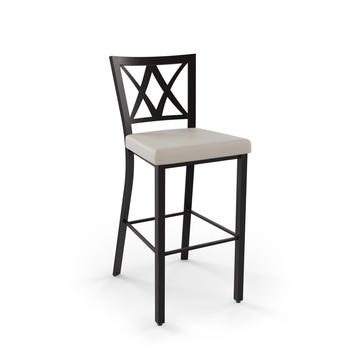 The Washington Bar Height Stool features a geometric X-back metal design, light upholstered seat, and black finish. Made in Canada for commercial use, its shown against a white background.