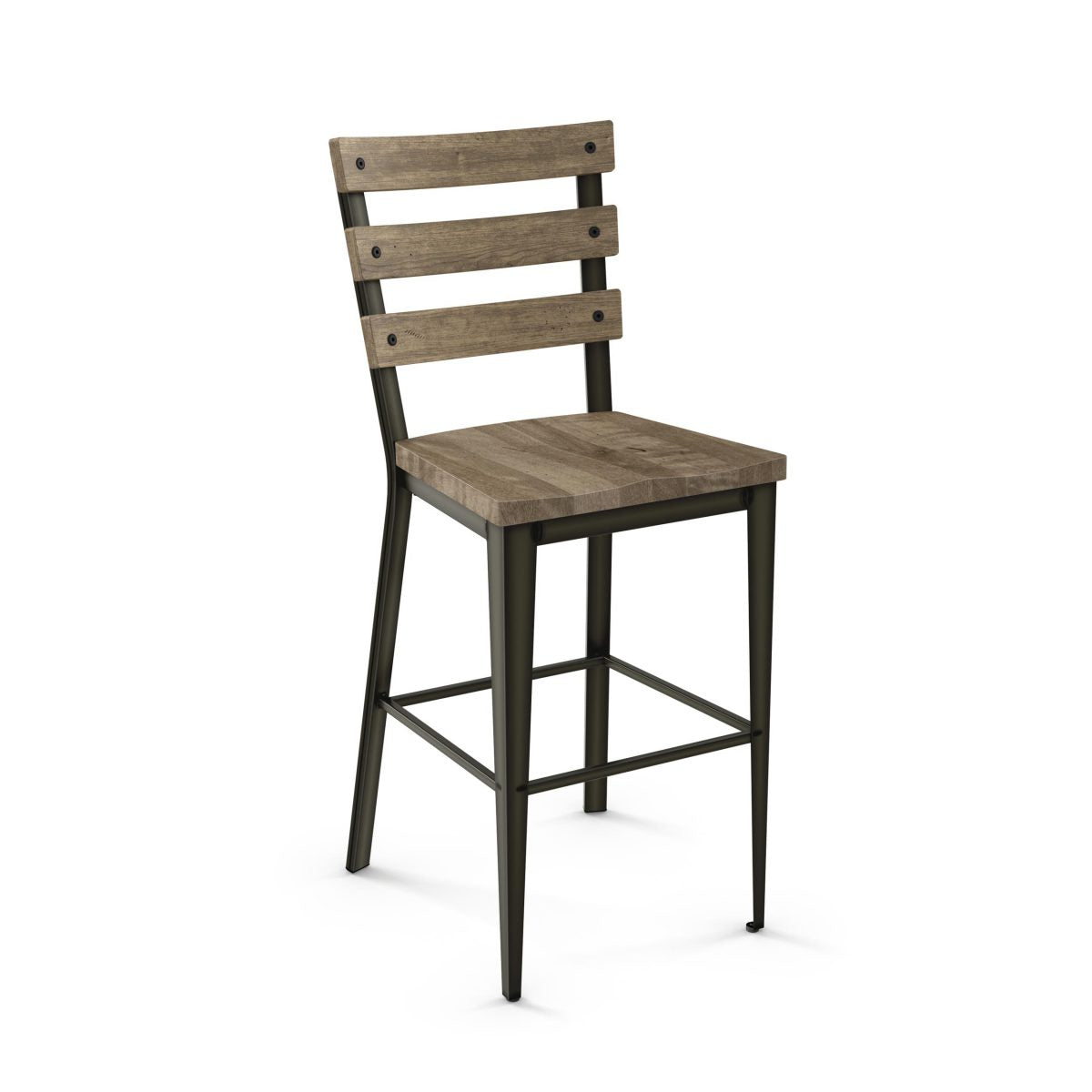 The Dexter Bar Height Stool features a wood seat and back with three slats, black metal legs, and Canadian craftsmanship. Ideal for commercial spaces, it’s showcased against a white background.
