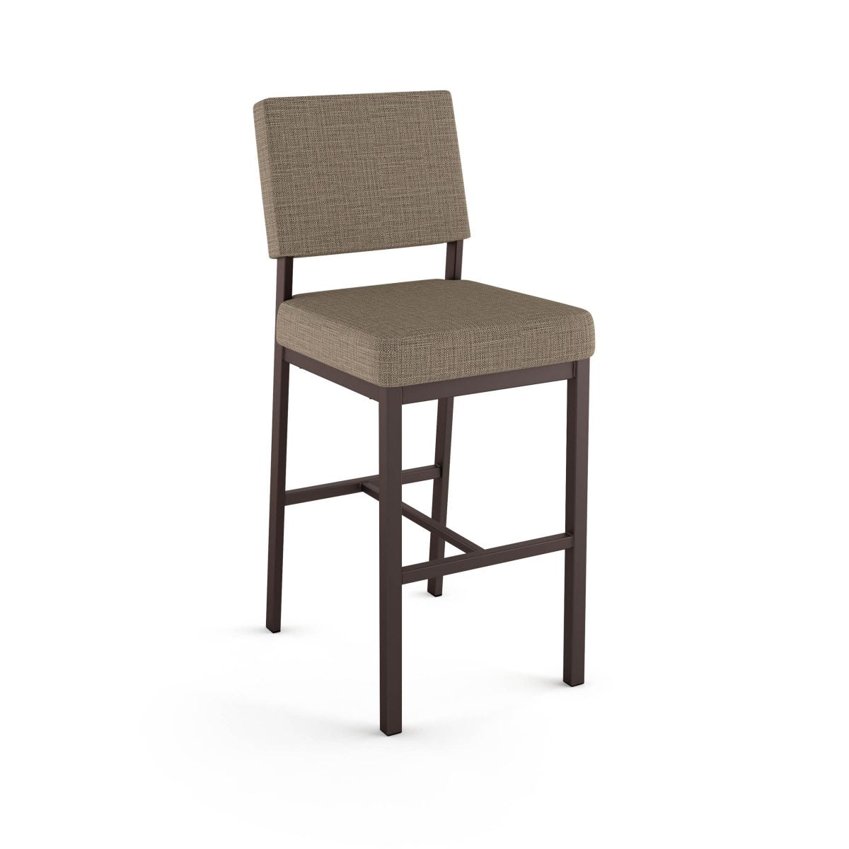 The Mathilde Bar Height Stool features a cushioned seat and back in light brown fabric, a dark metal frame with four straight legs and footrests. Durable for commercial use and proudly made in Canada.