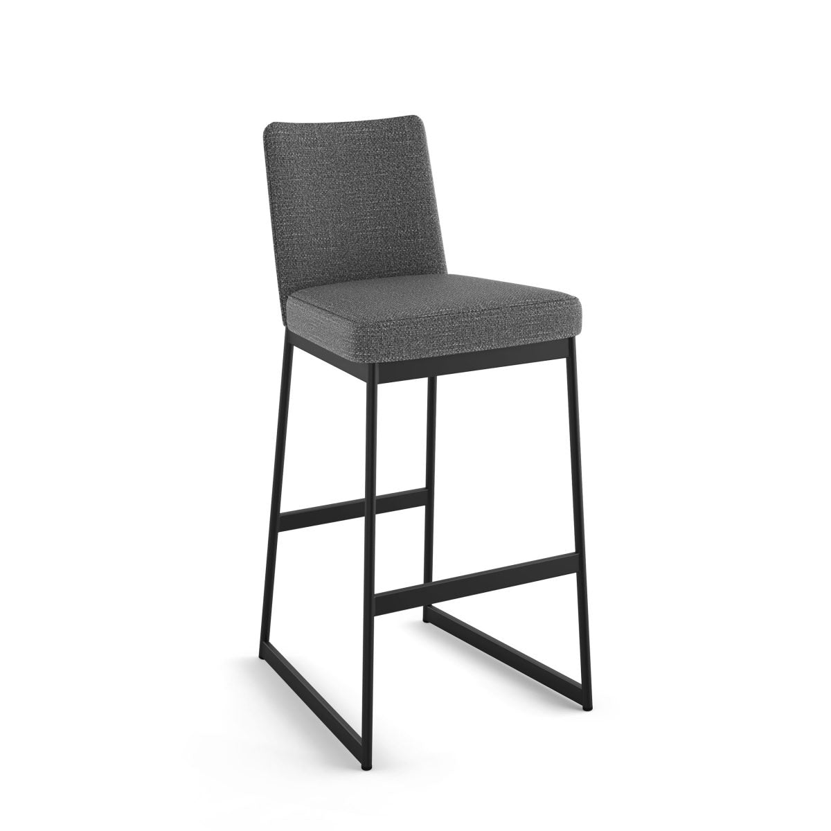 The Zola Bar Height Stool features a dark gray upholstered seat and back on a black metal sled frame with a horizontal footrest. Designed for commercial use, it highlights Canadian craftsmanship and is shown against a white background.