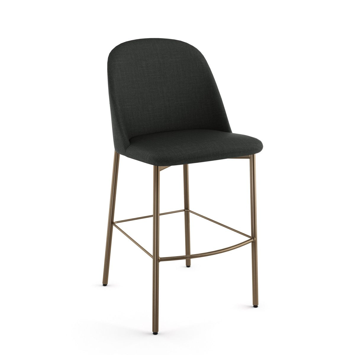 The Luongo Bar Height Stool features a curved, dark upholstered seat and backrest, slender gold-colored metal legs with footrest, and showcases sleek Canadian craftsmanship in a minimalist design against a white background.