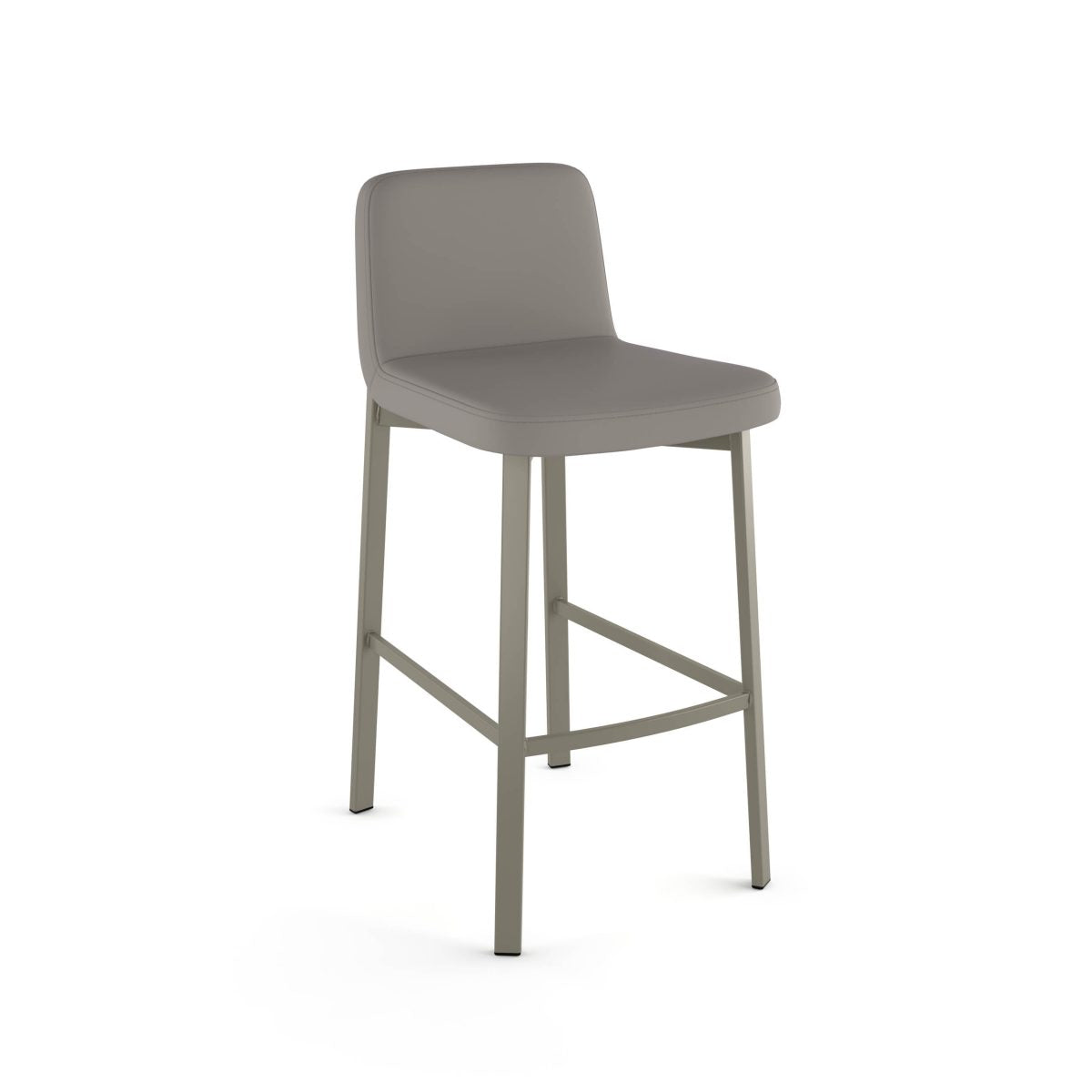 The Waverly Counter Height Stool features a modern, minimalist design with a light gray cushioned seat and back, four straight Canadian steel legs, footrest, and is ideal for commercial spaces.