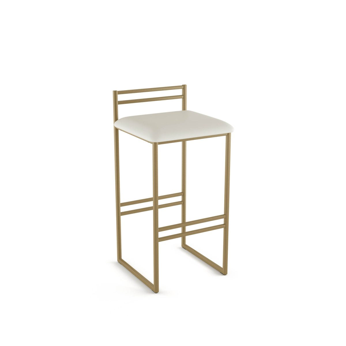 The Sonoma Bar Height Stool is a backless, commercial-grade seat with an upholstered top and gold metal frame. Its minimalist design and contemporary aesthetic make it ideal for modern spaces.
