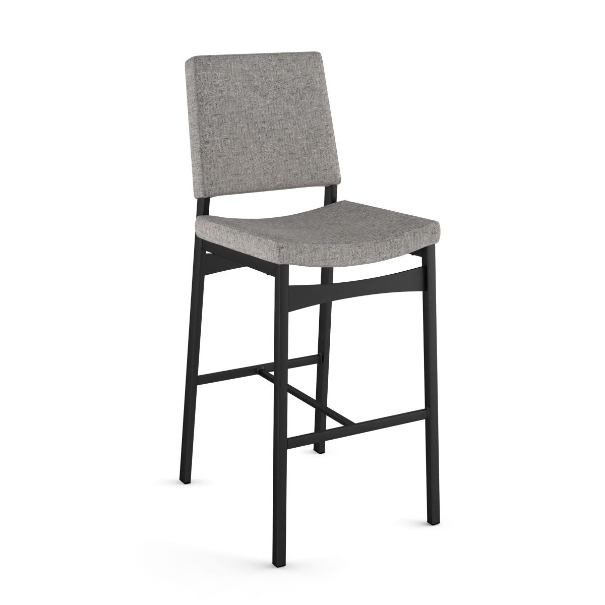 The Kendra Bar Height Stool features a padded gray fabric seat and back, black metal frame, and built-in footrest. Designed for durability and ideal for commercial settings.