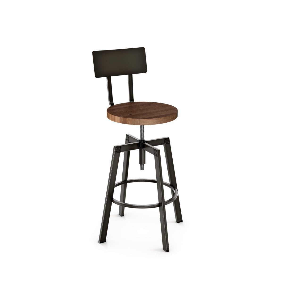 The Architect Screw Stool features a round wood seat, rectangular metal backrest, black metal legs, and a circular footrest—ideal as commercial furniture—shown against a plain white background.