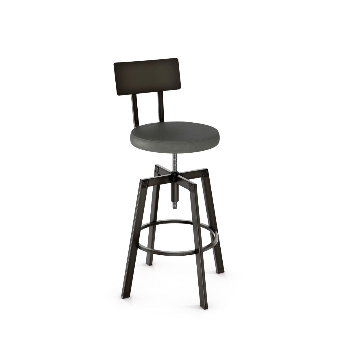 The Architect Screw Stool features an upholstered round seat, black metal rectangular backrest, and four angled legs with a circular footrest—combining modern style and commercial-grade durability.