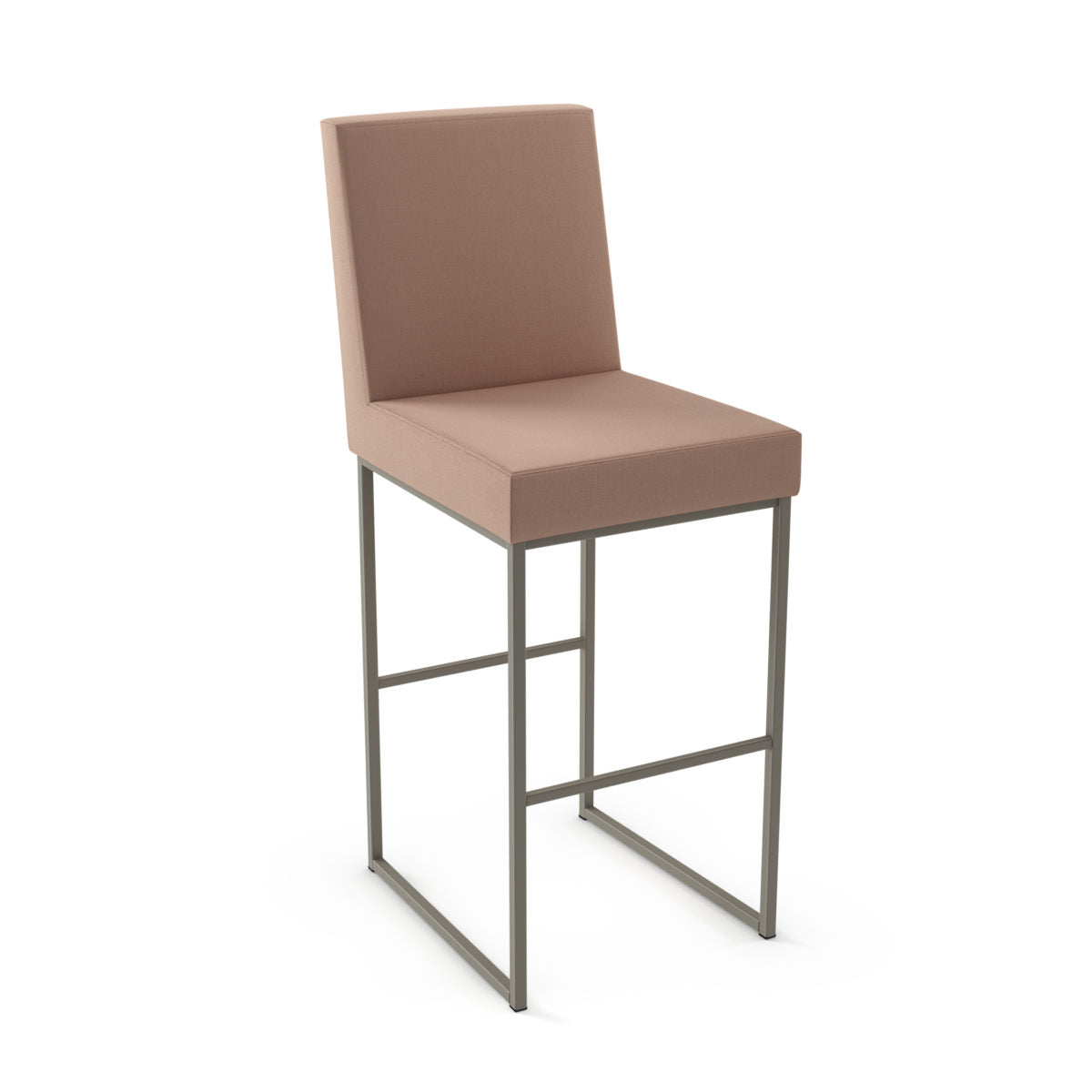 The Darlene Bar Height Stool features a soft, light brown upholstered seat and back, a minimalist metal frame with footrest, and is made in Canada for commercial use. Shown against a white background.