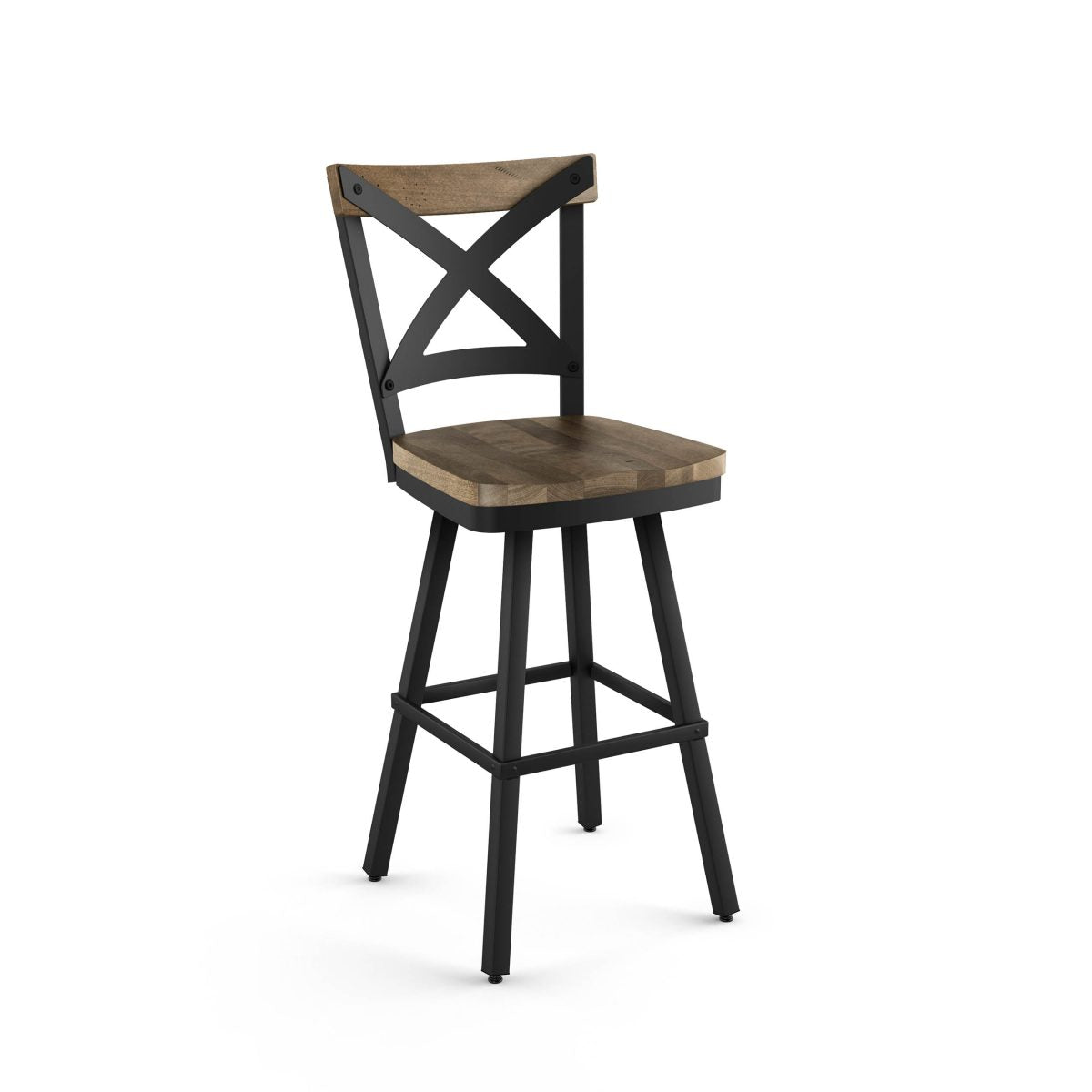 The Snyder Bar Height Swivel Stool features a square wood seat, black metal legs, and a crisscross backrest with a wooden top rail—ideal for commercial use and shown against a plain white background.