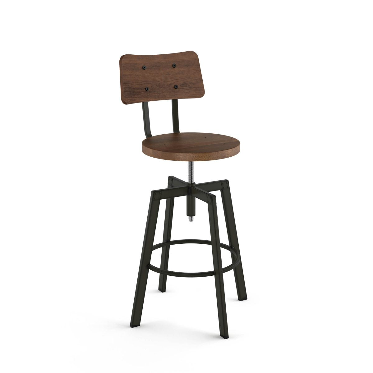 The Symmetry Screw Stool features a round wooden seat and backrest, black Canadian steel legs, a circular footrest, visible screws on the backrest, and a swiveling seat, combining industrial and rustic styles for commercial use.