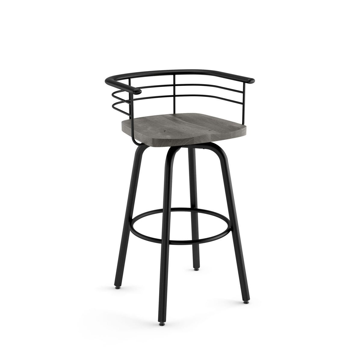 The Turbo Bar Height Swivel Stool features a black Canadian steel frame, open metal backrest with horizontal bars, dark wooden seat, and four angled legs with a circular footrest, displayed against a white background.