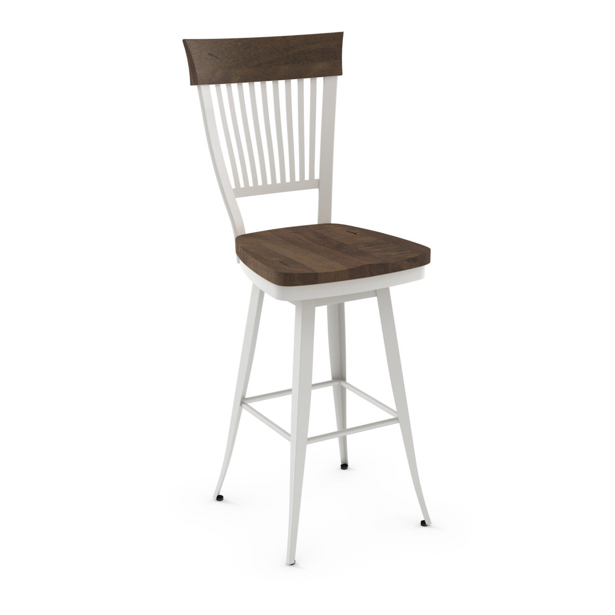 The Annabelle Bar Height Swivel Stool features a white Canadian steel frame, slender legs, and a square wooden seat. Its matching wooden backrest with vertical slats makes it ideal for commercial spaces.