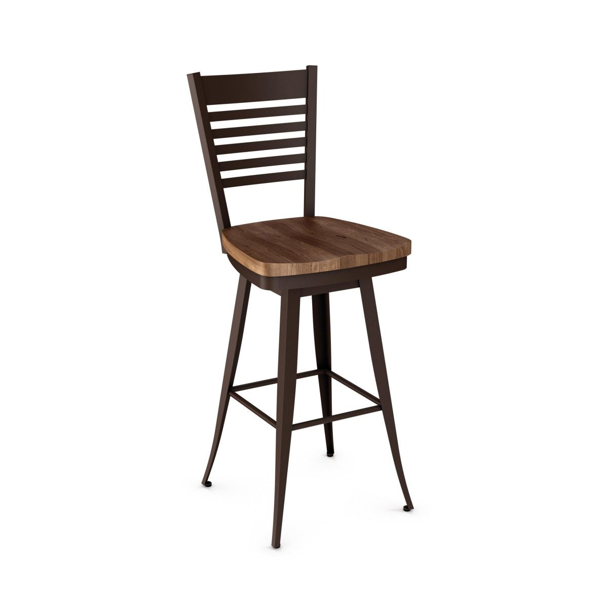 The Edwin Bar Height Swivel Stool features a dark metal frame, wooden seat, and metal back, standing on four angled legs with footrests—perfect for home or commercial use against any backdrop.